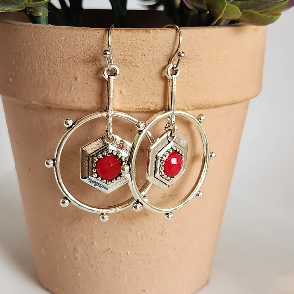 Silver Tone Red Stone Hexagon Circle Drop Earrings Geometric Boho‎ Dangle 2"